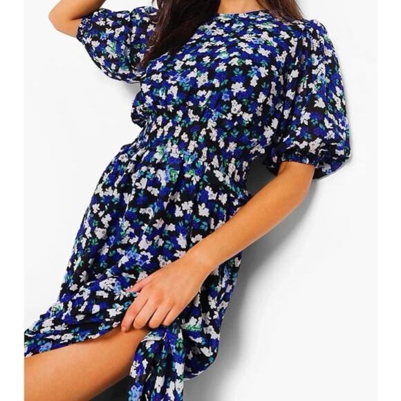 Boohoo Floral Chiffon Puff Sleeve Midi Dress Size 4 - Picture 9 of 15